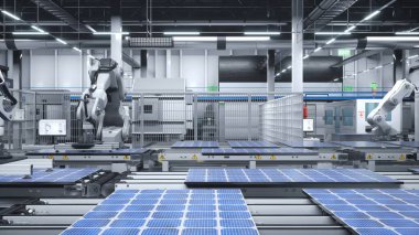 Endüstriyel robot kolları modern yeşil teknoloji fabrikasında güneş panellerini büyük üretim hattına yerleştiriyor. Fotovoltaikler tesisin içinde güvenlik protokolleriyle birlikte taşıma bantları üzerine monte ediliyor.