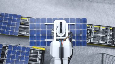 Robot kolun hava görüntüsü güneş panelini yeşil enerji fabrikasındaki üretim hattına yerleştiriyor, 3 boyutlu illüstrasyon. Ağır ekipman birimi PV hücrelerini taşıyıcı bantlara yerleştiriyor.