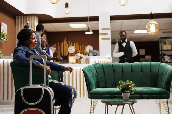 Tired African American Woman Traveler Sitting Luggage Hotel Lobby Wait — Stock Photo, Image