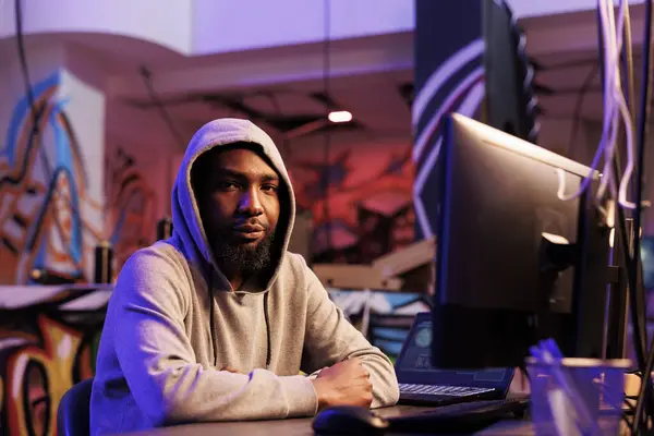 African American Hacker Doing Illegal Activities Computer Working Late Portrait — Stock Photo, Image