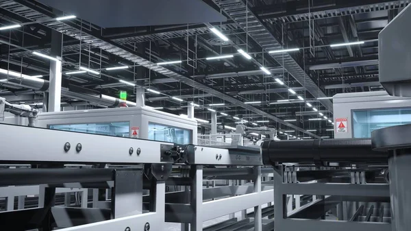 Otomasyon hatlarına PV modülleri yerleştiren robotik kollara sahip güneş paneli fabrikası, endüstriyel bina içerisinin 3 boyutlu görüntüsü. Seri üretim tesisi yeşil enerji endüstrisi için güneş pilleri üretiyor