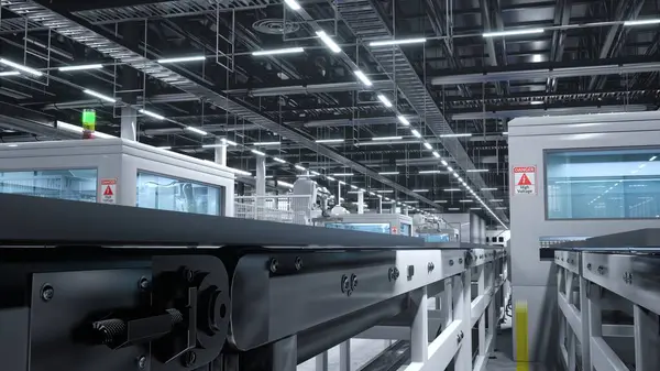 Unités Machinerie Lourde Dans Entrepôt Panneaux Solaires Haute Technologie Manipulant — Photo