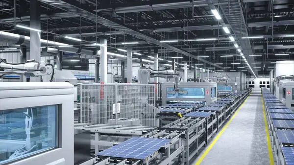 Brazos Robóticos Industriales Colocando Paneles Solares Una Gran Línea Producción — Foto de Stock
