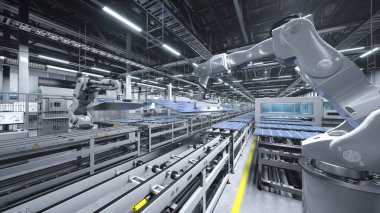 Son teknoloji güneş paneli fabrikasında fotovoltaik modülleri manevra eden teknolojik olarak gelişmiş robot kolu. Yeşil enerji tabanlı tesislerde üretilen PV hücreleri, montaj hatlarıyla, 3 boyutlu resimleme