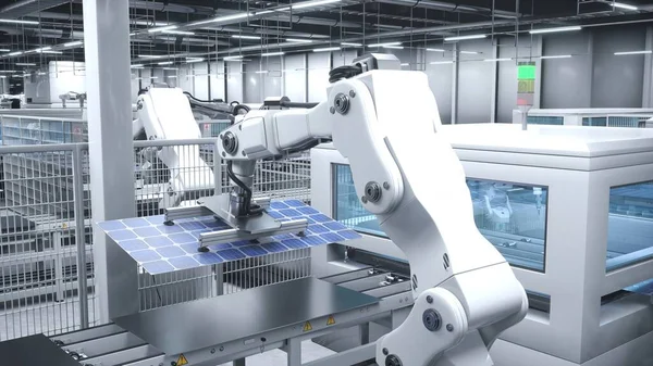 Usine Panneaux Solaires Industrialisés Avec Bras Robotisés Plaçant Des Modules — Photo
