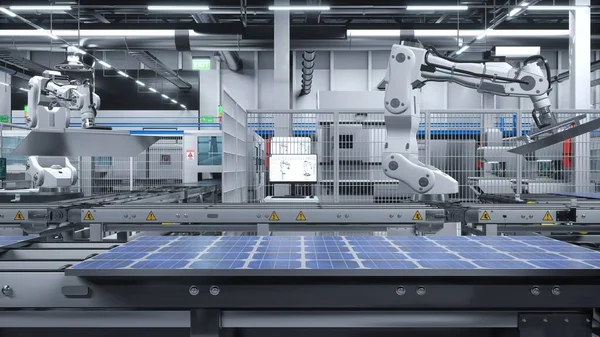 Entrepôt Industriel Panneaux Solaires Avec Bras Robotisés Plaçant Des Modules — Photo