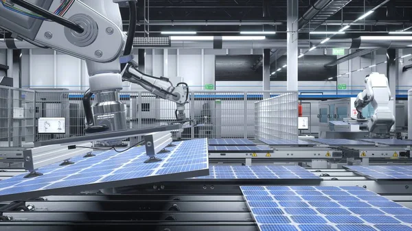 Bras Robotisés Industriels Plaçant Des Panneaux Solaires Sur Grandes Lignes — Photo