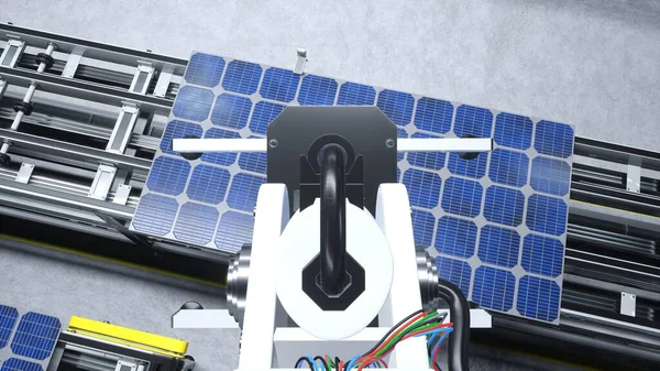 Pov Shot Industrial Robot Arm Putting Solar Panel Assembly Line — Photo