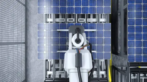 Yüksek teknolojili robotik kol görüntüsü güneş panelini yenilenebilir enerji fabrikasında montaj hattına yerleştiriyor, 3 boyutlu illüstrasyon. Ağır ekipman birimi fotovoltaikleri taşıma bantlarına yerleştiriyor.