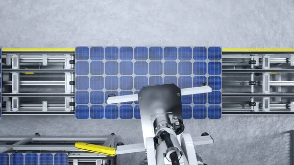 Pov Shot High Tech Robot Arm Placing Solar Panel Assembly — Stock Photo, Image
