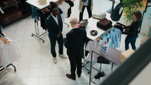 Senior Designer Teaching His Apprentice Match Ties Elegant Suits Presenting — Stock Video
