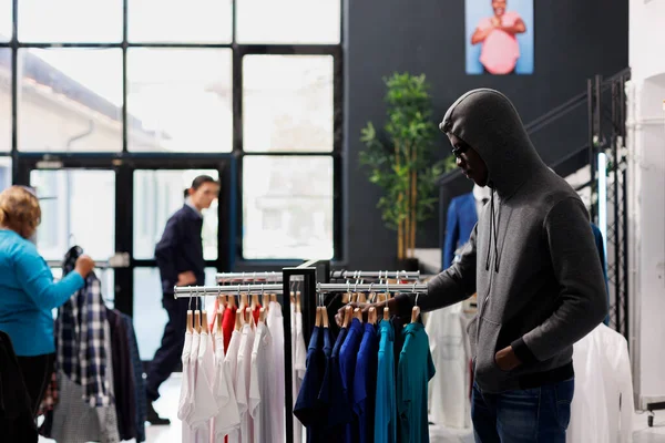 African American Robber Trying Steal Casual Wear Looking See Someone — Stock Photo, Image