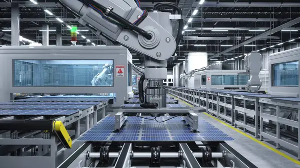 Entrepôt Panneaux Solaires Industrialisés Avec Bras Robotisés Plaçant Des Modules — Photo