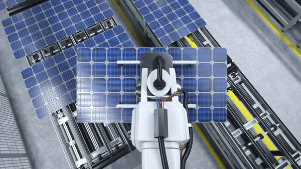 Pov Robot Arm Bevæger Solpaneler Transportbånd Automatiseret Produktionsproces Ren Energi - Stock-foto