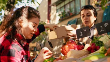 Çiftçi pazarında çalışan kadın, yerel olarak yetiştirilen çeşitli organik meyve ve sebzelerle müşterilere yardım ediyor. Kadın satıcı sağlıklı gıda satıyor. Doğal ürünler, yerel tezgah sahibi..