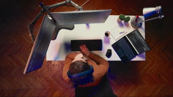 Top View Frenzied Developer Suffering Adhd Impatiently Arranging Monitors While — Stock Video