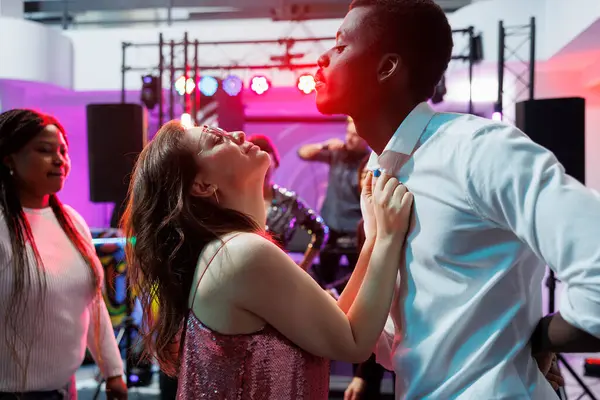 Passionate Man Woman Dancing Celebrating Nightlife Party Event Clubbers Couple — Stock Photo, Image