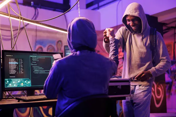 Cheerful African American Hacker Giving Fist Bump Crime Partner While — Stock Photo, Image