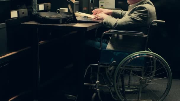 Detective Wheelchair User Gather Criminal Case Clues Archived Documents Analyzes — Stock Video