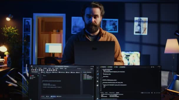 Portrait Smiling Developer Writing Complex Binary Code Scripts Laptop Terminal — Stock Video