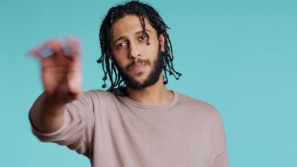 Assertive Middle Eastern Man Doing Stop Hand Gestures Annoyed Bipoc — Stock Video