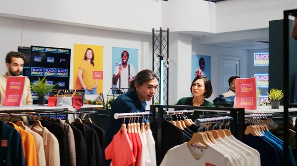 Anxious Clients Grab Discounted Clothes Rushing Catch Big Sales Promotions — Stock Photo, Image