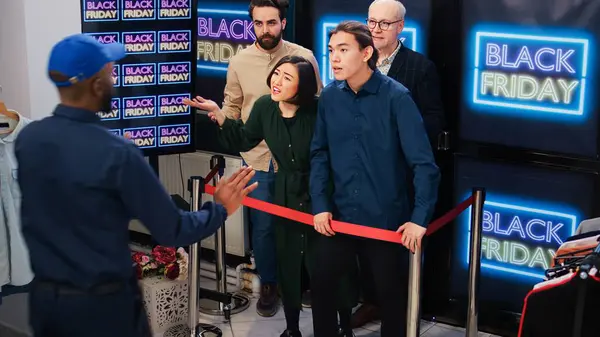 Crazy Clients Pushing Man Floor Black Friday Sales Crowd Obsessed — Stock Photo, Image