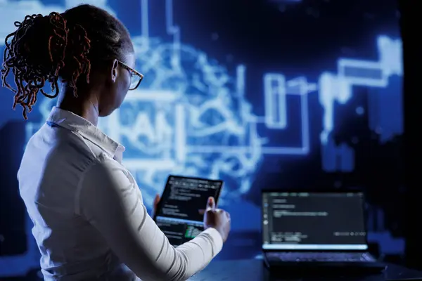Bipoc Engineer Updating Neural Networks Made Interconnected Nodes Writing Intricate — Stock Photo, Image