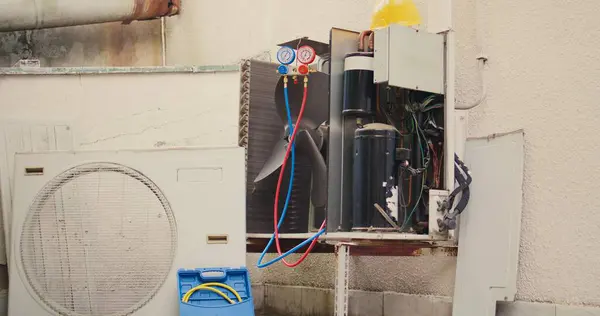 Enthüllung Einer Handkamera Aufnahme Eines Defekten Außenluftkühlgeräts Das Repariert Werden — Stockfoto