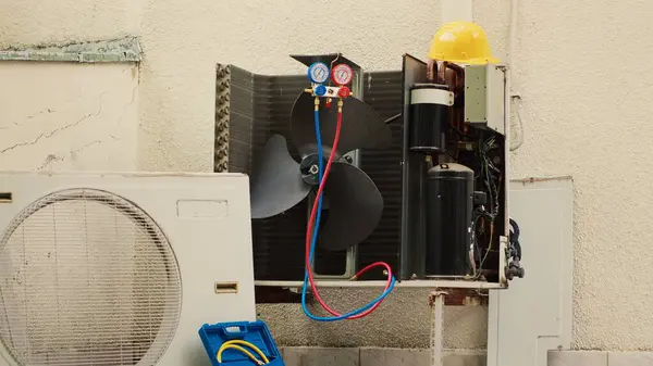 Vergrößern Sie Die Aufnahme Eines Beschädigten Externen Luftkühlgeräts Mit Einer — Stockfoto