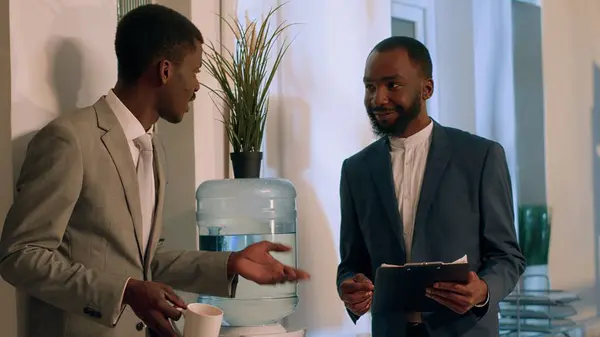 Cheerful African American Businessmen Enjoying Nice Water Tank Conversation Nightshift — Stock Photo, Image