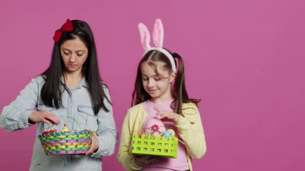 Joyful Confident Child Mother Showing Easter Baskets Camera Decorating Festive — Stock Video
