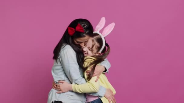 Lovely Schoolgirl Bunny Ears Her Mom Waving Camera Having Fun — Stock Video