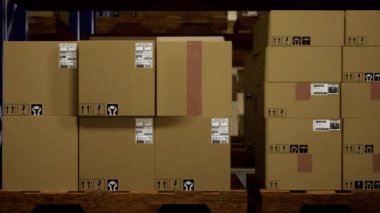 Paketlerde sevkiyat faturası etiketi olan tedarik zinciri ürünleri depo raflarında depolanan eşyalar. Ticaret endüstrisi için dağıtım faaliyetlerini depo yönetiyor. 3d canlandırma canlandırması.
