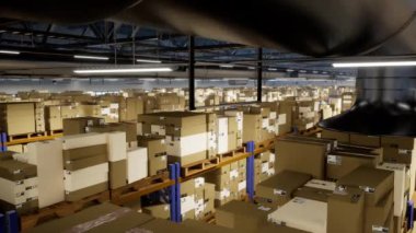Büyük bir depolama tesisi, kutularda toptan paketler, endüstriyel raflarda sipariş pulları ve etiketleri olan perakende ürünleri var. Lojistik ihracat sistemi olan bir depo. 3d canlandırma canlandırması.