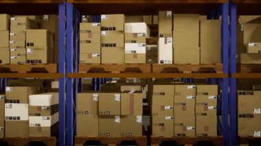 Dağıtım merkezi sevkiyat, üretim ve lojistik sektörü için hazır kargo paketleri ve mallarla dolu. Hava yolu faturası pullu depo eşyaları. 3d canlandırma canlandırması.