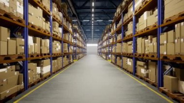 Nakliye için etiketlenmiş sanayi deposu ithalat sanayisi için kargo depolama dağıtım merkezi. Hava gagalı ticari mallar takip numaraları. 3d canlandırma canlandırması.