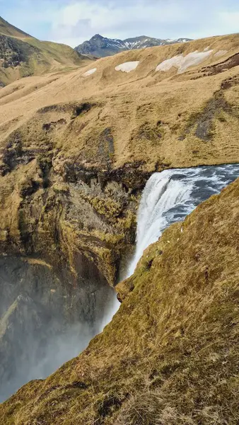 Gorgeous Nordic Skgafoss Waterfall Water Stream Pouring Hilltop Edges Icelandic — Stock Photo, Image