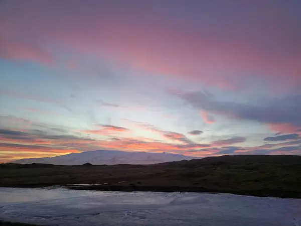 Icelandic Sunset Scenic Route Hills Majestic Scandinavian Landscape Pink Cotton — Stock Photo, Image