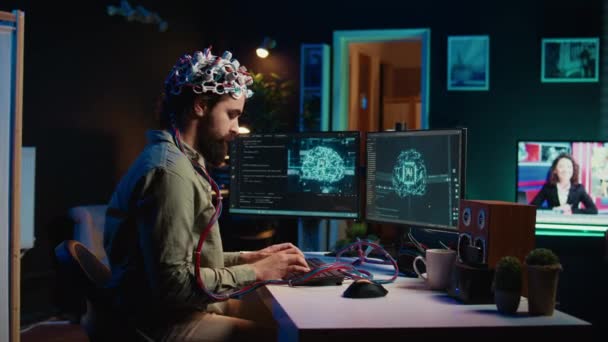 Engineer Uploading Brain Cyberspace Entering Trance Becoming Godlike Transhumanist Merging — Stock Video