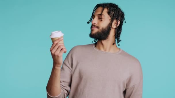 Man Enjoys Fresh Coffee Disposable Paper Cup Early Morning Wake — Stock Video