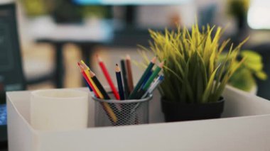 Modern ofisteki masa eşyalarına odaklanın. Bulanık arkaplanda iş diyagramı ve rakamlarını gösteren bir defter olsun. Kapatın. Kalem tutacağı, mini ev bitkisi, boş kahve kupası ve dizüstü bilgisayardaki grafikler.