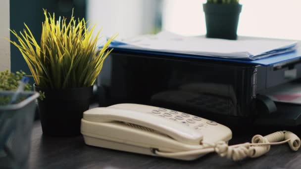 Firmenpapier Auf Drucker Telefon Und Mini Hauspflanzen Auf Dem Schreibtisch — Stockvideo