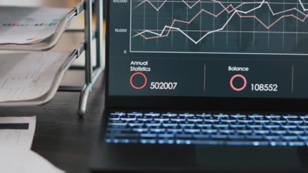 Geschäftsprognose Graphen Und Zahlen Auf Laptop Monitor Zeigt Nach Oben — Stockvideo