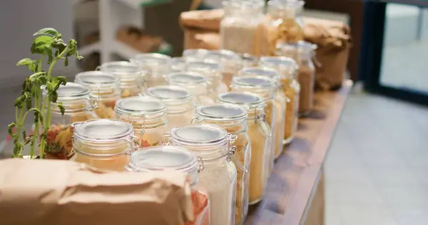 Close Bulk Food Items Glass Jars Used Environmentally Friendly Zero — Stock Photo, Image