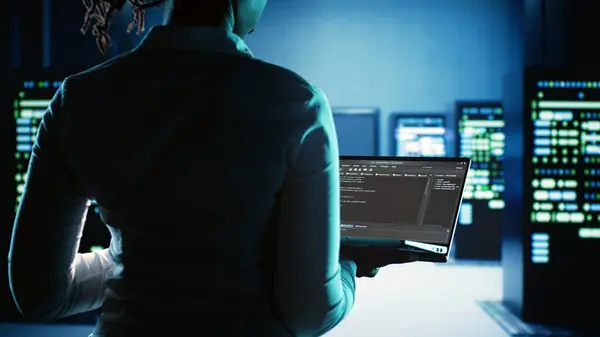 Meticulous Expert Working Server Hub Running Code Laptop Monitoring Technologically — Stock Photo, Image