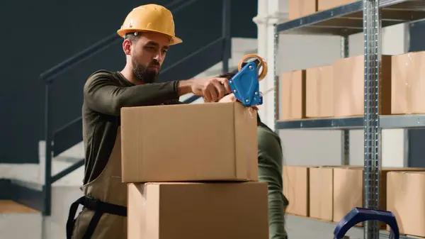 Manager Wearing Protective Gear Warehouse Teaching African American Trainee How — Stock Photo, Image