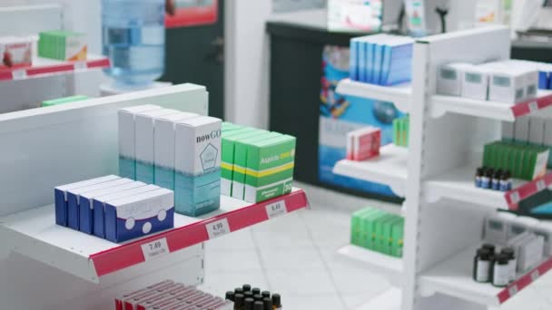 空无一人的药店供应药品和个人处方药 药店销售处方药 营养品 抗生素和镇静剂 保健援助倡议 — 图库视频影像