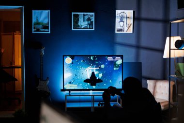 Oyuncu çevrimiçi rol yapma kovma maçına katılıyor, TV üzerinden konsolu bağlıyor ve arkadaşlarıyla gece oyunları etkinliğinin tadını çıkarıyor. Erkek öğrenci nişancı video oyunları oynuyor.