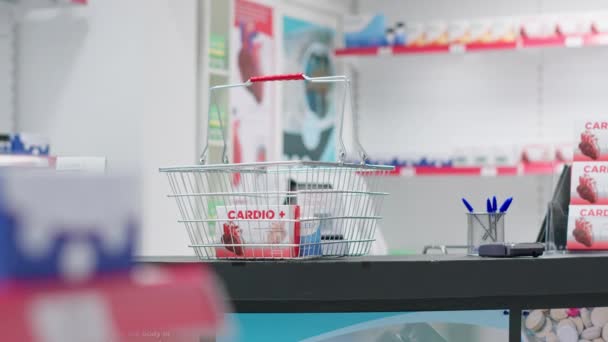 Contador Caja Farmacia Vacía Con Cajas Medicamentos Venta Pastillas Modernas — Vídeos de Stock